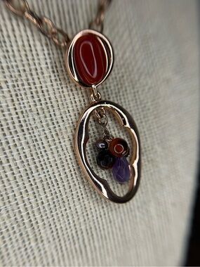 Etienne Aigner Rose Gold Tone Double Pendant Necklace Carnelian Beads 20"